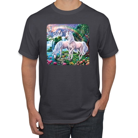 Unicorn Fanstasy Island Castle Animal Lover Men's Graphic T-Shirt, Charcoal, 2XL