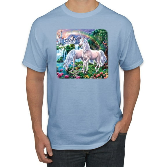 Unicorn Fanstasy Island Castle Animal Lover Men's Graphic T-Shirt, Light Blue, X-Large