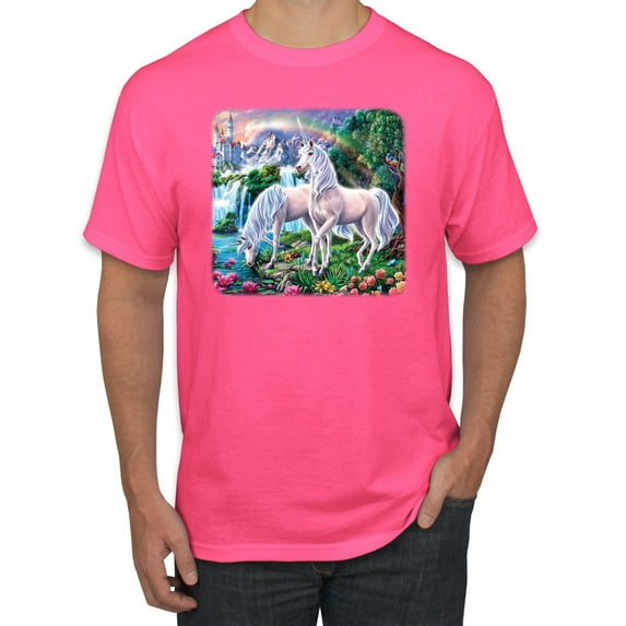 Unicorn Fanstasy Island Castle Animal Lover Men's Graphic T-Shirt, Neon Pink, Large
