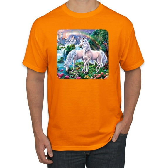 Unicorn Fanstasy Island Castle Animal Lover Men's Graphic T-Shirt, Orange, Medium