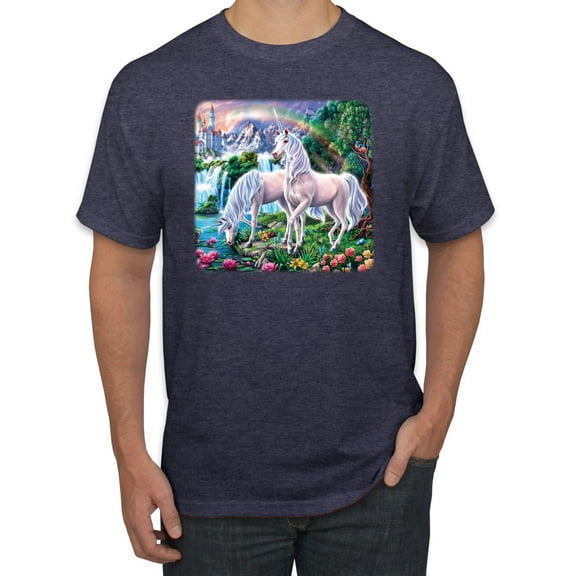 Unicorn Fanstasy Island Castle Animal Lover Men's Graphic T-Shirt, Vintage Heather Navy, Medium