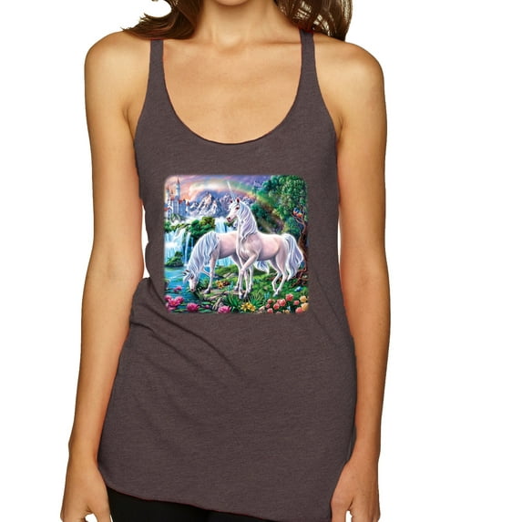 Unicorn Fanstasy Island Castle Animal Lover Tri-Blend Racerback Tank Top, Brown, X-Large