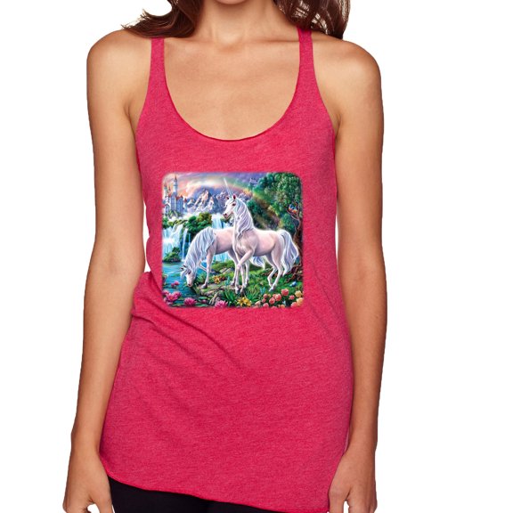 Unicorn Fanstasy Island Castle Animal Lover Tri-Blend Racerback Tank Top, Shocking Pink, Small