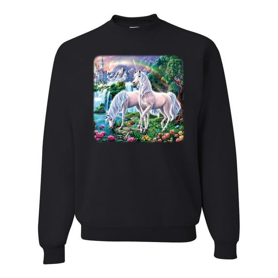 Unicorn Fanstasy Island Castle Animal Lover Unisex Crewneck Graphic Sweatshirt, Black, 4XL