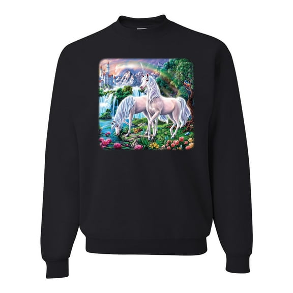 Unicorn Fanstasy Island Castle Animal Lover Unisex Crewneck Graphic Sweatshirt, Black, 4XL