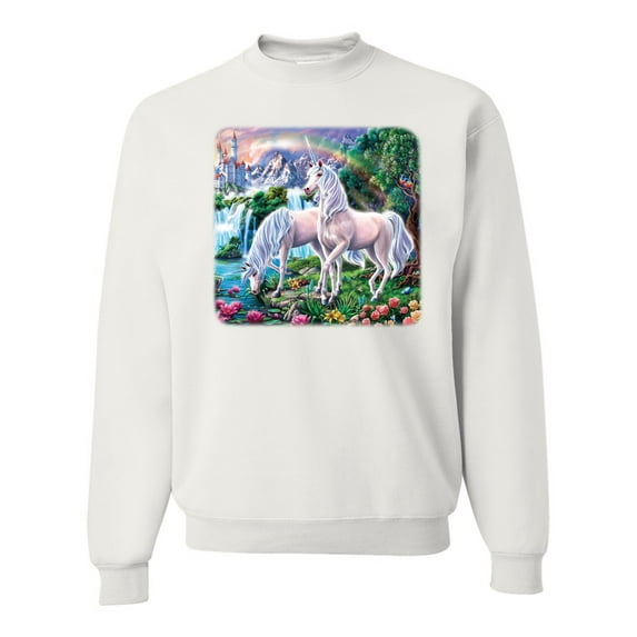 Unicorn Fanstasy Island Castle Animal Lover Unisex Crewneck Graphic Sweatshirt, White, 3XL