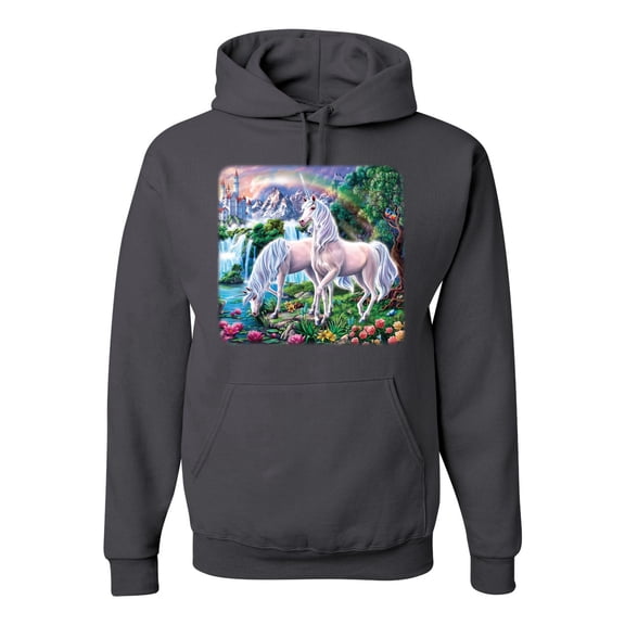 Unicorn Fanstasy Island Castle Animal Lover Unisex Graphic Hoodie Sweatshirt, Charcoal, 2XL