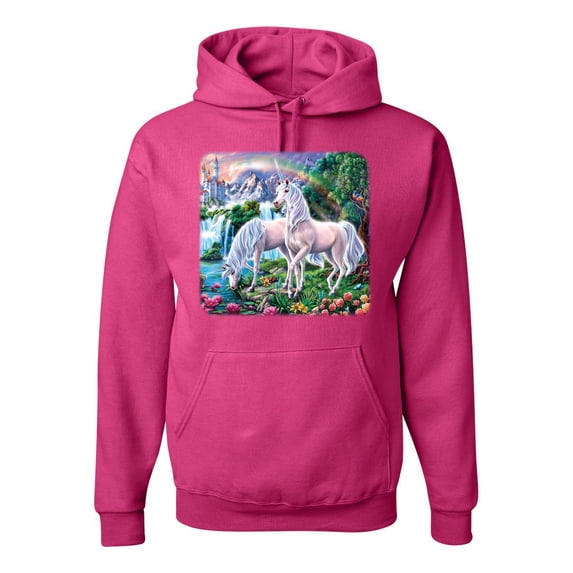 Unicorn Fanstasy Island Castle Animal Lover Unisex Graphic Hoodie Sweatshirt, Fuschia, Small