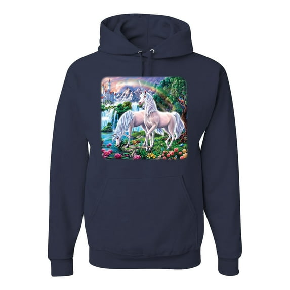 Unicorn Fanstasy Island Castle Animal Lover Unisex Graphic Hoodie Sweatshirt, Navy, 3XL