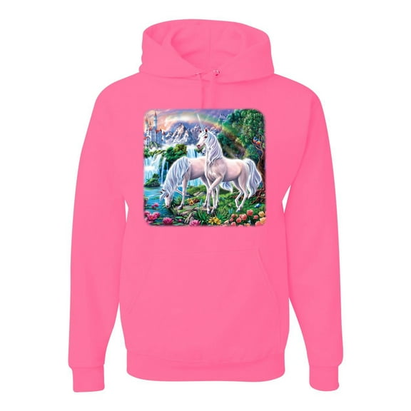 Unicorn Fanstasy Island Castle Animal Lover Unisex Graphic Hoodie Sweatshirt, Neon Pink, 2XL