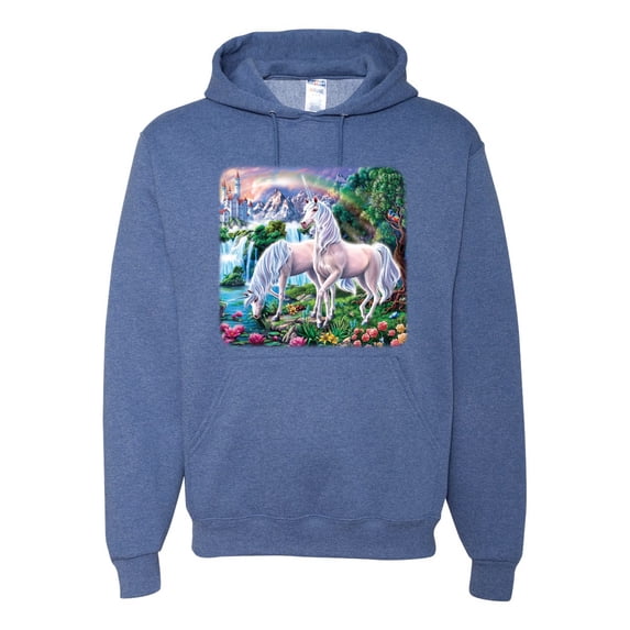 Unicorn Fanstasy Island Castle Animal Lover Unisex Graphic Hoodie Sweatshirt, Vintage Heather Blue, X-Large