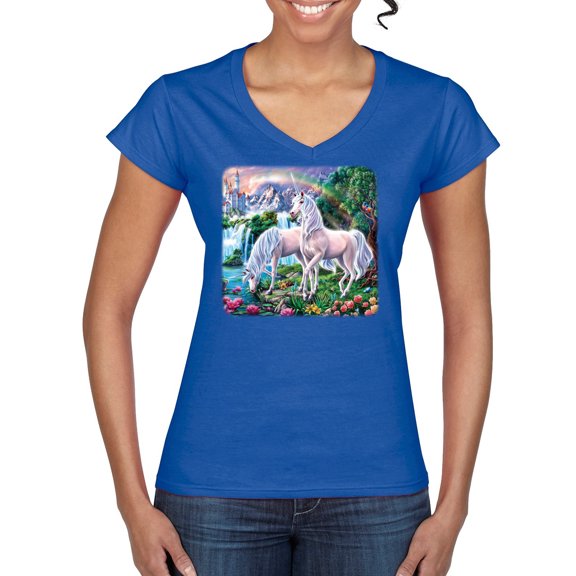 Unicorn Fanstasy Island Castle Animal Lover Womenâ€™s Standard V-Neck Tee, Royal, Medium