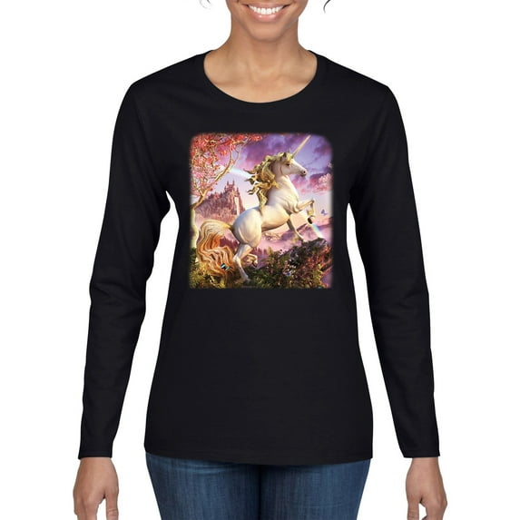 Unicorn Fanstasy Rainbow Castle Female Graphic Long Sleeve T-Shirt, Black, Small