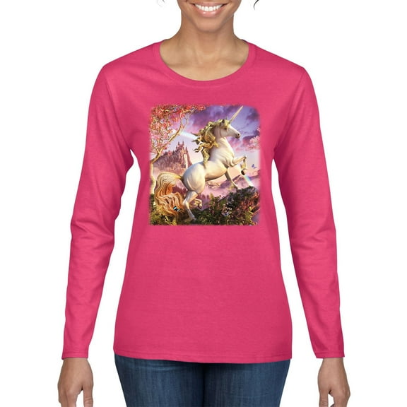Unicorn Fanstasy Rainbow Castle Female Graphic Long Sleeve T-Shirt, Fuschia, Large