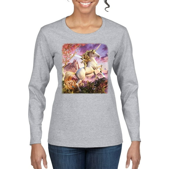 Unicorn Fanstasy Rainbow Castle Female Graphic Long Sleeve T-Shirt, Heather Grey, Medium