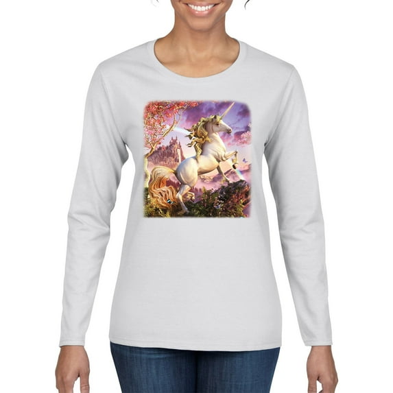 Unicorn Fanstasy Rainbow Castle Female Graphic Long Sleeve T-Shirt, White, Small