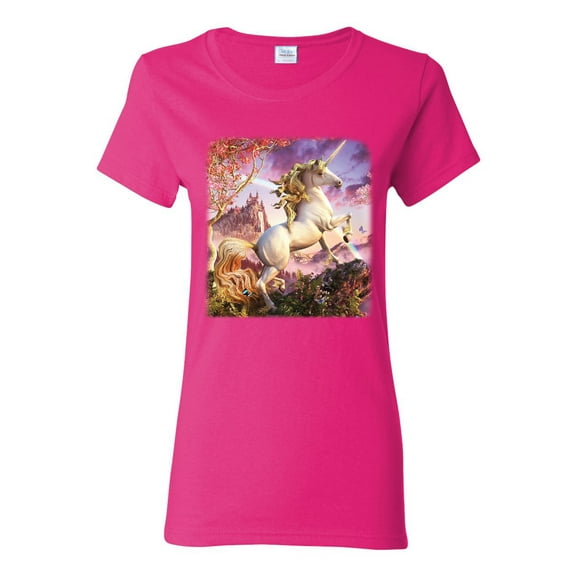 Unicorn Fanstasy Rainbow Castle Female Graphic T-Shirt, Fuschia, Medium