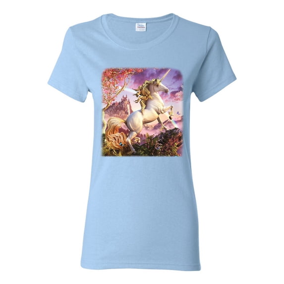 Unicorn Fanstasy Rainbow Castle Female Graphic T-Shirt, Light Blue, 2XL