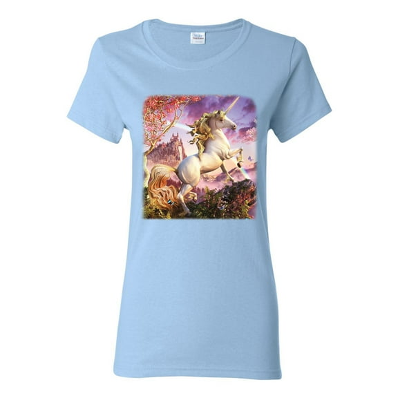Unicorn Fanstasy Rainbow Castle Female Graphic T-Shirt, Light Blue, Medium