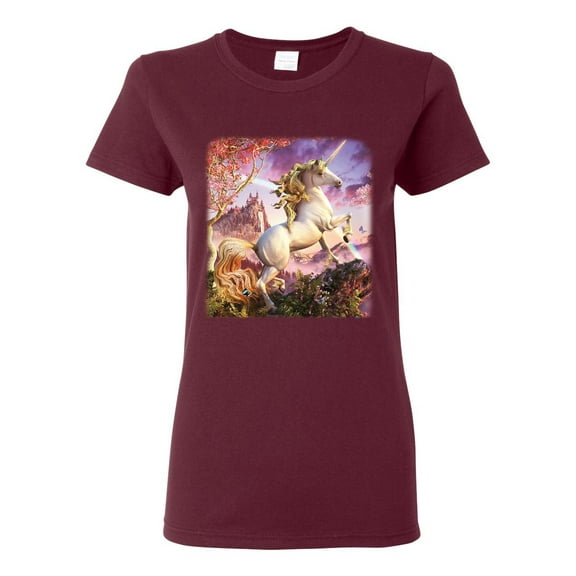 Unicorn Fanstasy Rainbow Castle Female Graphic T-Shirt, Maroon, 2XL