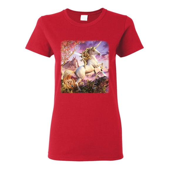 Unicorn Fanstasy Rainbow Castle Female Graphic T-Shirt, Red, Small