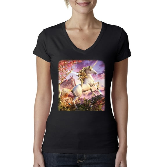 Unicorn Fanstasy Rainbow Castle Female Junior Fit V-Neck Tee, Black, Small