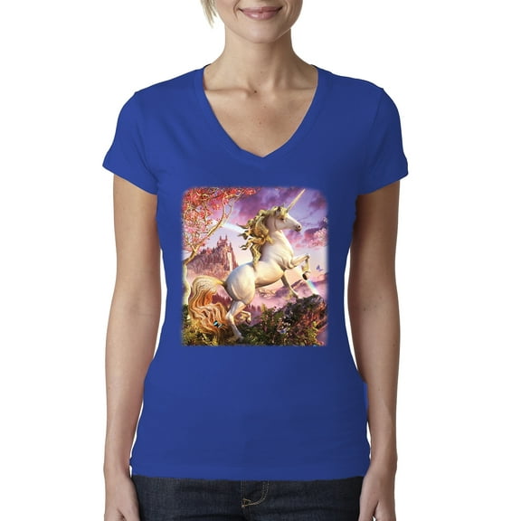Unicorn Fanstasy Rainbow Castle Female Junior Fit V-Neck Tee, Royal, Medium