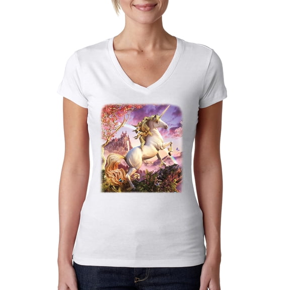 Unicorn Fanstasy Rainbow Castle Female Junior Fit V-Neck Tee, White, Small