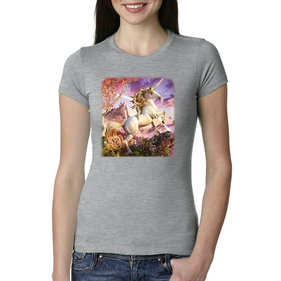 Unicorn Fanstasy Rainbow Castle Female Slim Fit Junior Tee, Heather Grey, Large