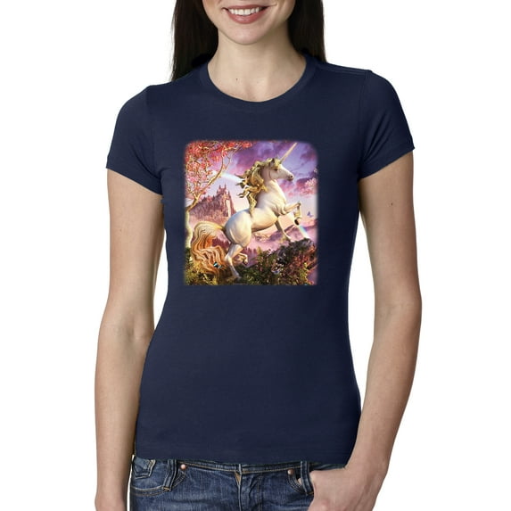 Unicorn Fanstasy Rainbow Castle Female Slim Fit Junior Tee, Navy, Small