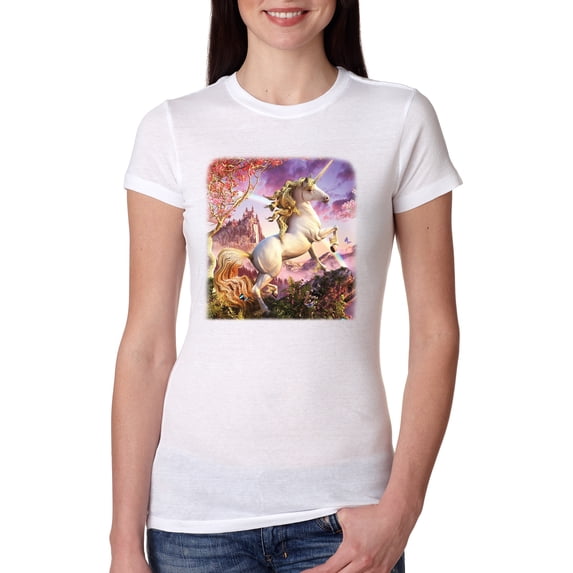 Unicorn Fanstasy Rainbow Castle Female Slim Fit Junior Tee, White, 2XL