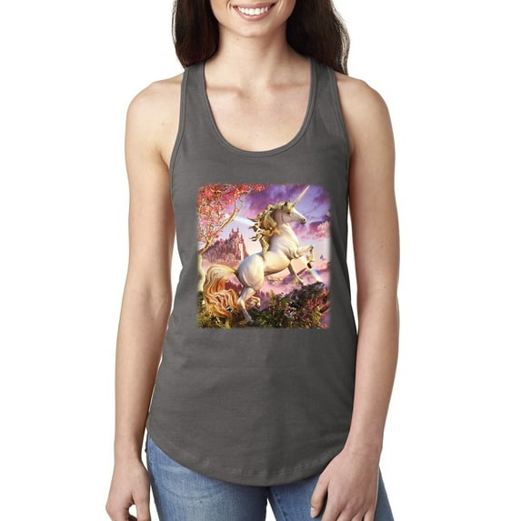 Unicorn Fanstasy Rainbow Castle Ladies Racerback Tank Top, Dark Grey, Large