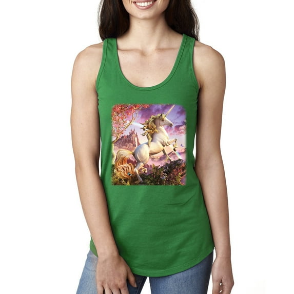 Unicorn Fanstasy Rainbow Castle Ladies Racerback Tank Top, Kelly, X-Large