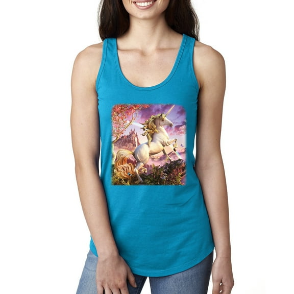 Unicorn Fanstasy Rainbow Castle Ladies Racerback Tank Top, Turquoise, X-Large