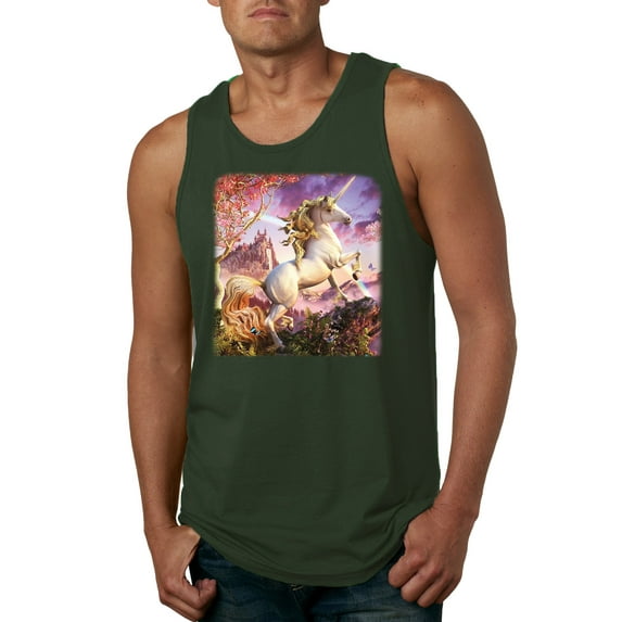 Unicorn Fanstasy Rainbow Castle Male Graphic Tank Top, Forest Green, Medium