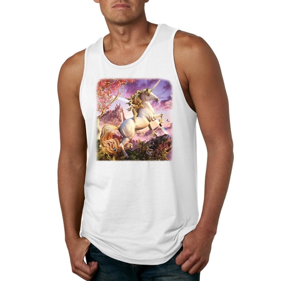 Unicorn Fanstasy Rainbow Castle Male Graphic Tank Top, White, 2XL
