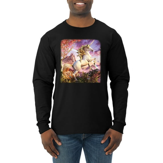 Unicorn Fanstasy Rainbow Castle Male Long Sleeve Shirt, Black, Small