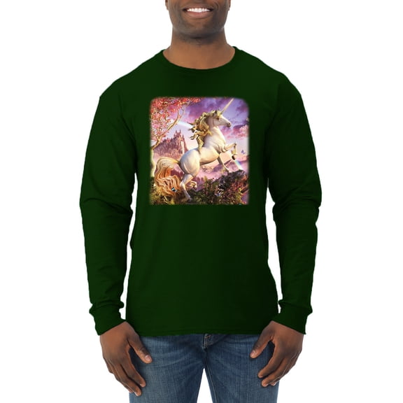 Unicorn Fanstasy Rainbow Castle Male Long Sleeve Shirt, Forest Green, Small