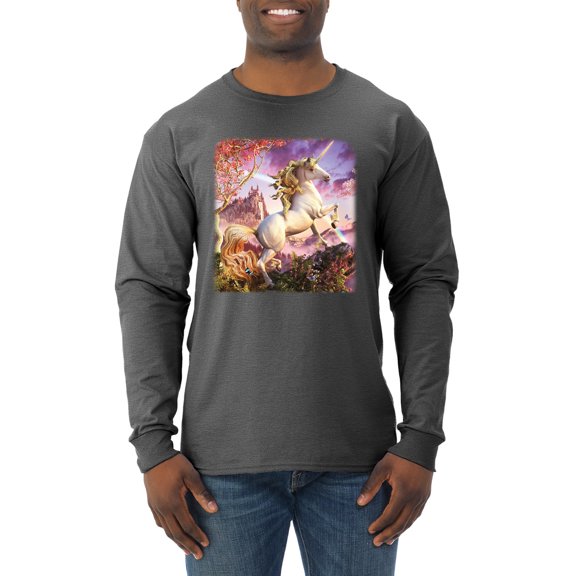 Unicorn Fanstasy Rainbow Castle Male Long Sleeve Shirt, Heather Black, Medium