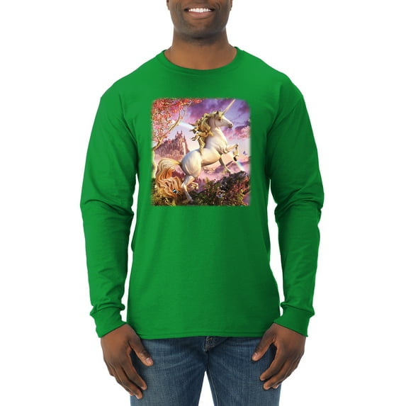 Unicorn Fanstasy Rainbow Castle Male Long Sleeve Shirt, Kelly, Medium
