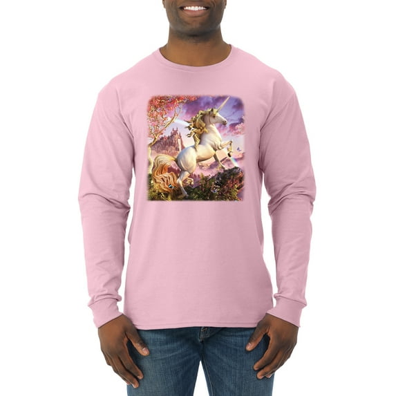 Unicorn Fanstasy Rainbow Castle Male Long Sleeve Shirt, Light Pink, 3XL