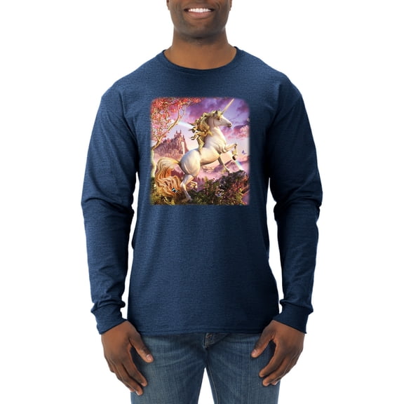 Unicorn Fanstasy Rainbow Castle Male Long Sleeve Shirt, Vintage Heather Navy, Medium