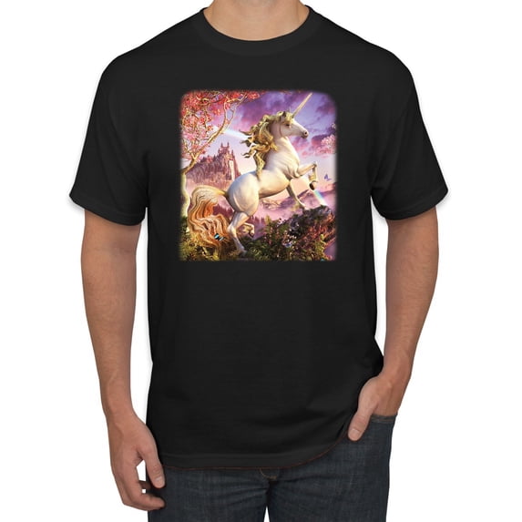 Unicorn Fanstasy Rainbow Castle Men's Graphic T-Shirt, Black, Large