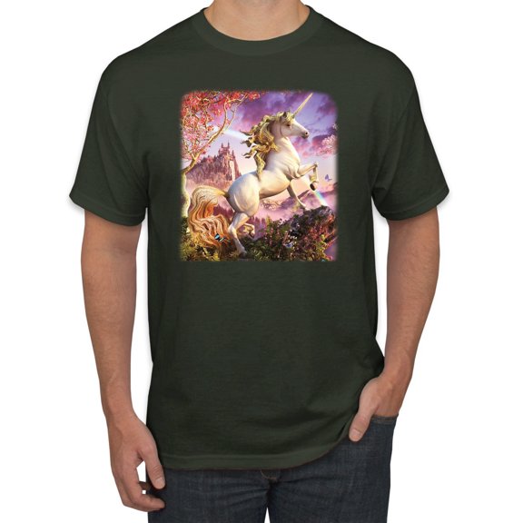 Unicorn Fanstasy Rainbow Castle Men's Graphic T-Shirt, Forest Green, Medium