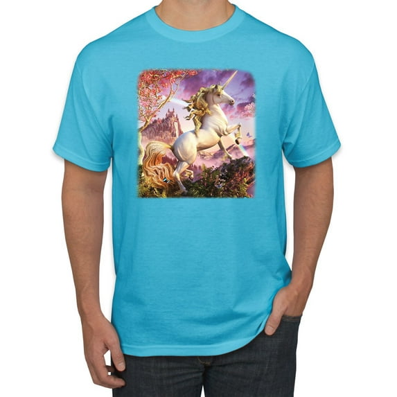 Unicorn Fanstasy Rainbow Castle Men's Graphic T-Shirt, Light Turquoise, Medium
