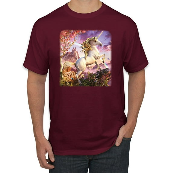 Unicorn Fanstasy Rainbow Castle Men's Graphic T-Shirt, Maroon, Small