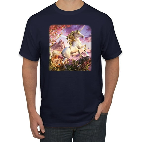 Unicorn Fanstasy Rainbow Castle Men's Graphic T-Shirt, Navy, 4XL