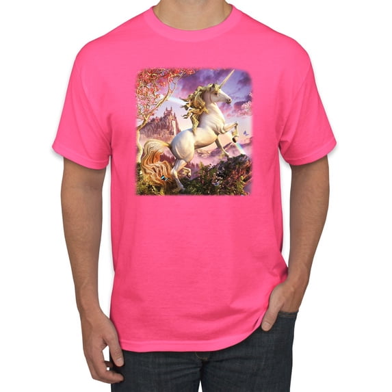 Unicorn Fanstasy Rainbow Castle Men's Graphic T-Shirt, Neon Pink, Medium