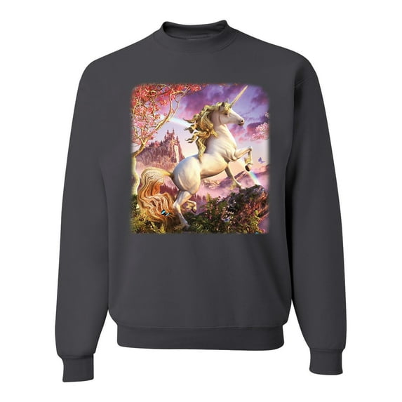 Unicorn Fanstasy Rainbow Castle Unisex Crewneck Graphic Sweatshirt, Charcoal, 2XL