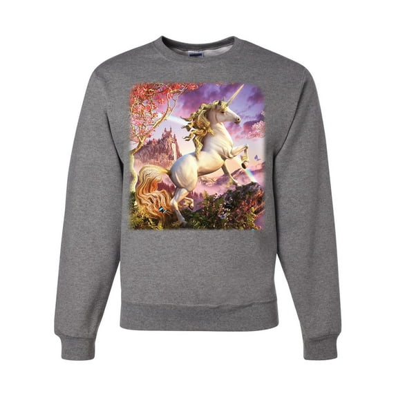 Unicorn Fanstasy Rainbow Castle Unisex Crewneck Graphic Sweatshirt, Heather Grey, Large
